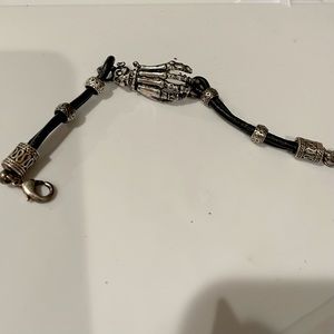 Skeleton hand genuine leather bracelet with silver alloy beads